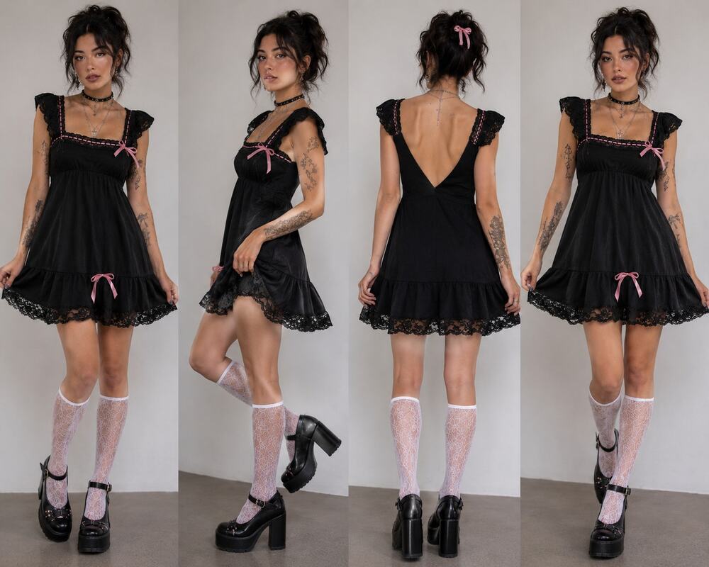 Dolls Kill Widow Black Lace Babydoll Mini Dress Pink Bow Coquette Goth Size M